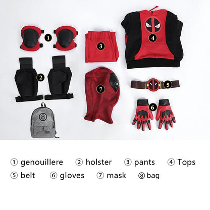 【Neu eingetroffen】Xcoser Kinder Deadpool 3 Kidpool Cosplay Kostüm Maske Tasche Gürtel Handschuhe Komplettset