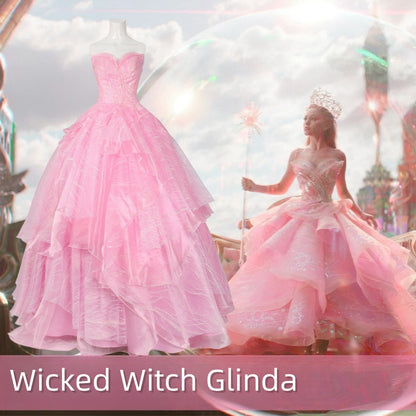 【Neu eingetroffen】Xcoser Wicked Part One Glinda Cosplay Abendkleid mit Kronenohrringen Rollenspielkostüm