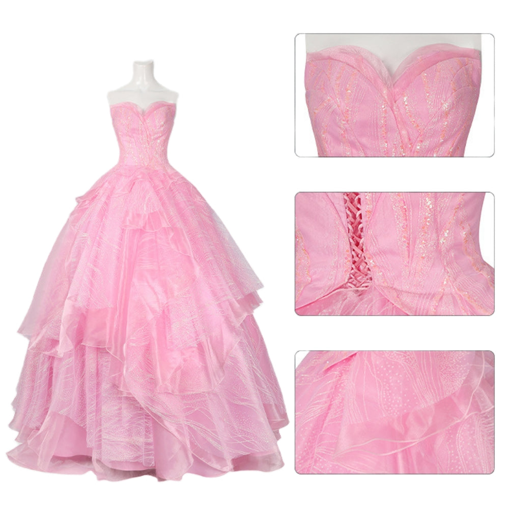 【Neu eingetroffen】Xcoser Wicked Part One Glinda Cosplay Abendkleid mit Kronenohrringen Rollenspielkostüm