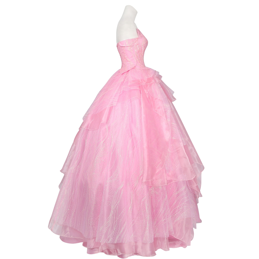 【Neu eingetroffen】Xcoser Wicked Part One Glinda Cosplay Abendkleid mit Kronenohrringen Rollenspielkostüm