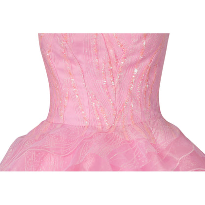 【Neu eingetroffen】Xcoser Wicked Part One Glinda Cosplay Abendkleid mit Kronenohrringen Rollenspielkostüm