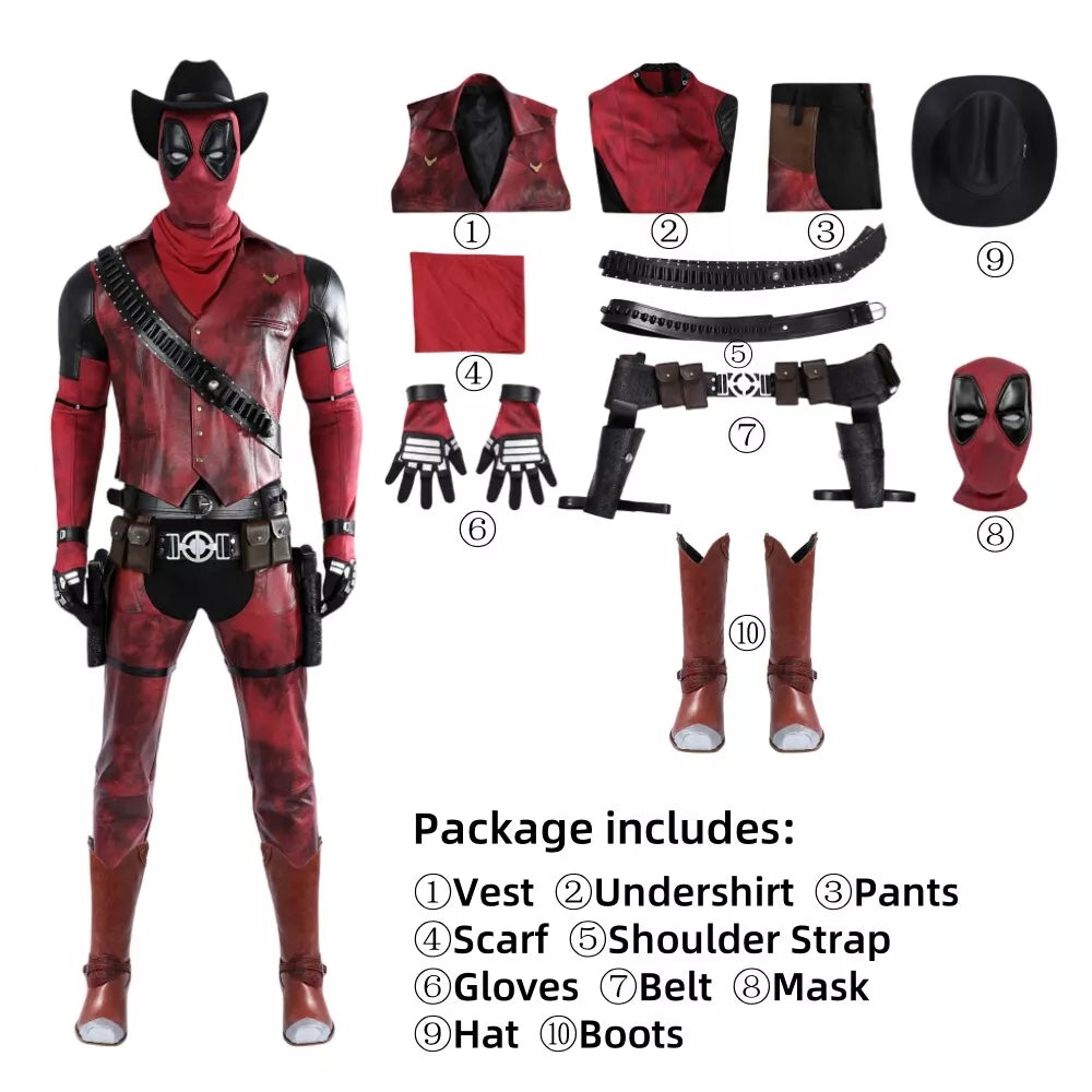 【Neu eingetroffen】Xcoser Deadpool 3 Wade Wilson Cowboy Deadpool Cosplay Kostüm Overall Komplettset